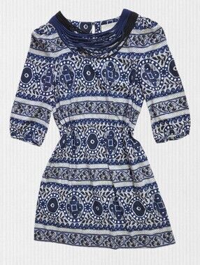 3.1 Phillip Lim Go Green Go Mosaic Cord Neckline Cotton Dress Size 6 Blue/Cream